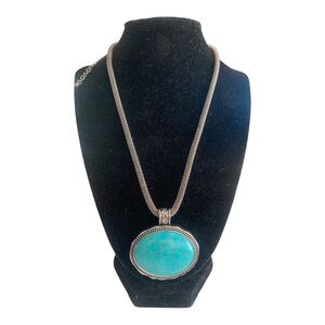 Faux Turquoise Oval Pendant and Silver-Tone Necklace